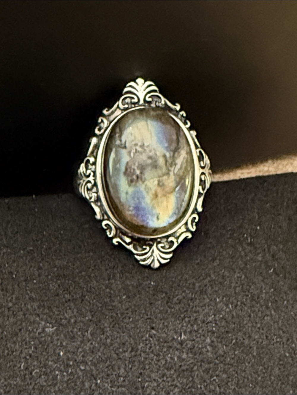 Vintage-Inspired Labradorite Oval Statement Ring in Iridescent Blue-Green